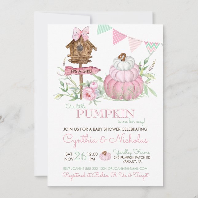 Invitation Citrouille rose  Patch Birdhouse Girl Baby shower (Devant)