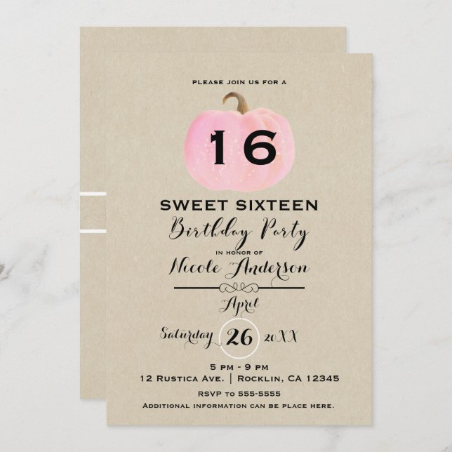 Invitation Citrouille rose Rustic Kraft Sweet 16 Anniversaire (Devant / Derrière)