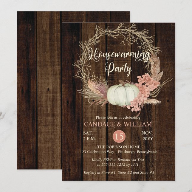 Invitation Citrouille Russe Pampas Wreath Fête de réchauffeme (Devant / Derrière)