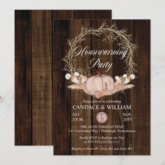 Invitation Citrouille Russe Pampas Wreath Fête de réchauffeme (Devant / Derrière)