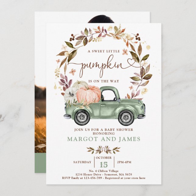 Invitation Citrouille Russe Pickup Camion Sage Baby shower ve (Devant / Derrière)