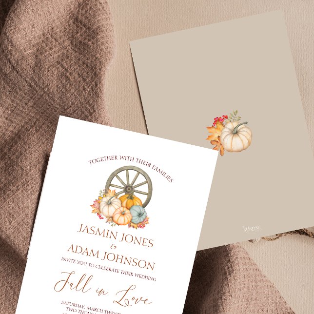 Invitation Citrouille Rustic Autumn Harvest Mariage de roue (Fall in Love Autumn Fall Harvest Pumpkins Wedding Invitation)
