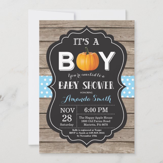 Invitation Citrouille rustique Automne Baby shower bleu Invit (Devant)