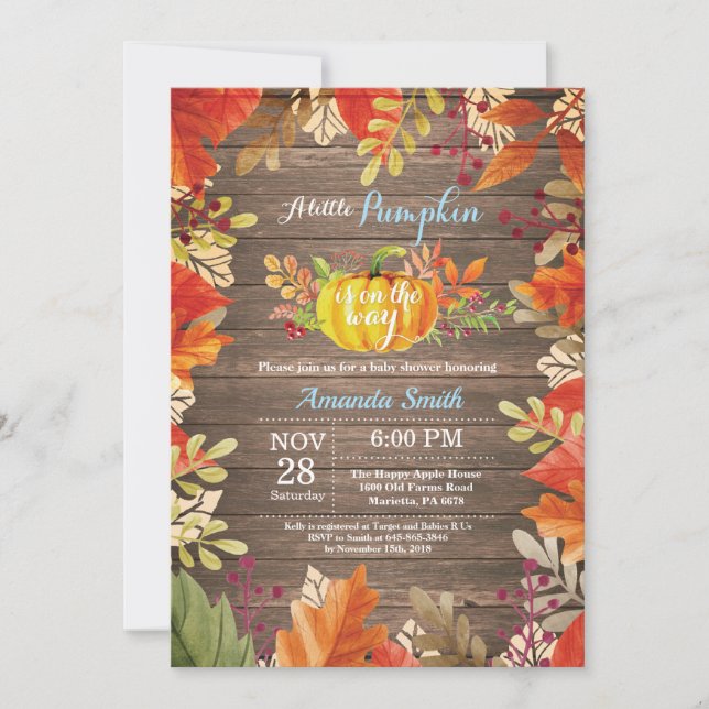 Invitation Citrouille Rustique Automne Baby shower garçon Inv (Devant)