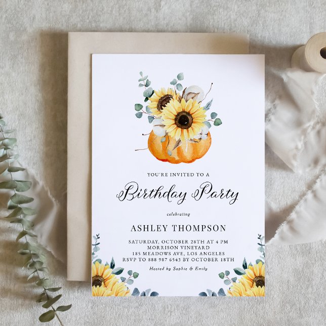 Invitation Citrouille rustique avec tournesol automne fête d' (Customizable fall birthday party invitation featuring watercolor pumpkin, sunflowers and greenery.)