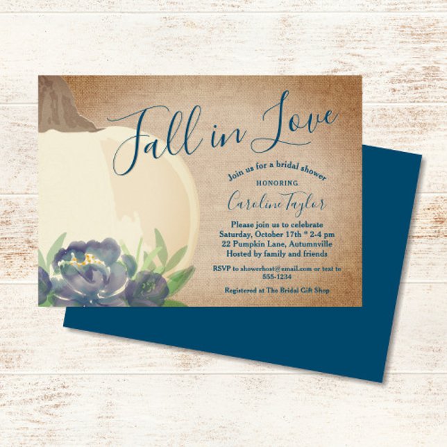 Invitation Citrouille Rustique Bleu Floral Fête des mariées (Rustic Fall Pumpkin Blue Floral Bridal Shower Invitation)