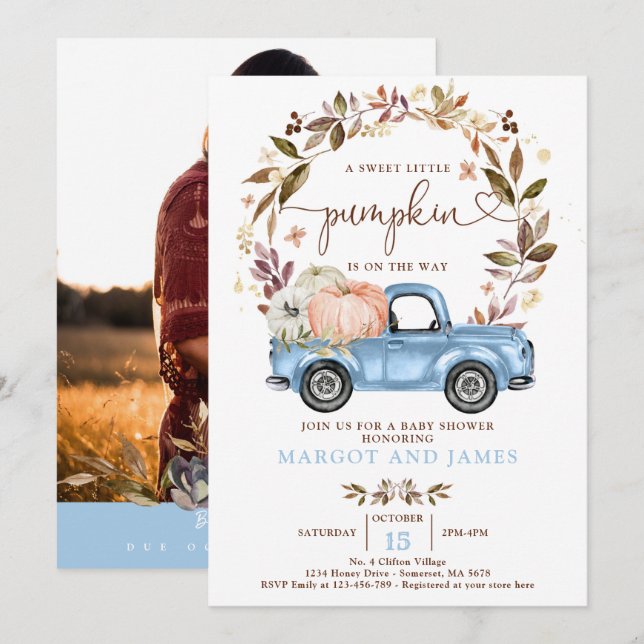 Invitation Citrouille rustique Camion Baby shower bleu bébé (Devant / Derrière)