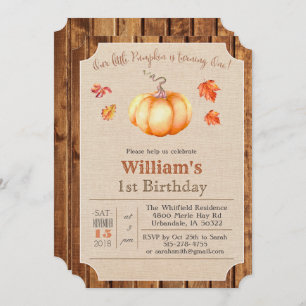 Invitation Citrouille Rustique Feuille Bois 1er anniversaire