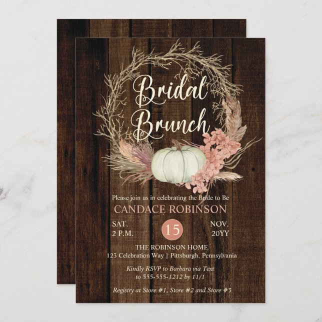 Invitation Citrouille rustique Pampas Wreath Bridal Brunch Do (Devant / Derrière)