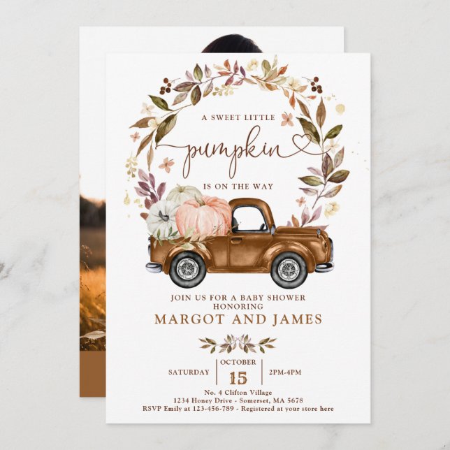 Invitation Citrouille rustique Pickup Truck Baby shower en te (Devant / Derrière)