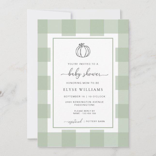Invitation Citrouille Sage Green En vichy Baby shower (Devant)