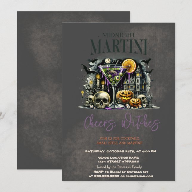 Invitation Citrouille Skeleton Skull Martini Dark Halloween (Devant / Derrière)