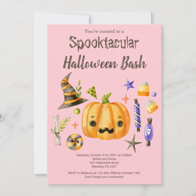 Invitation Citrouille Spooktacular Halloween Bash Party rose (Devant)