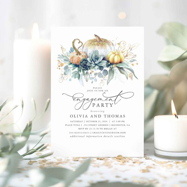 Invitation Citrouille Succulents Végétation Automne Partie d' (Greenery and Pumpkins Fall Engagement Party Invitations)