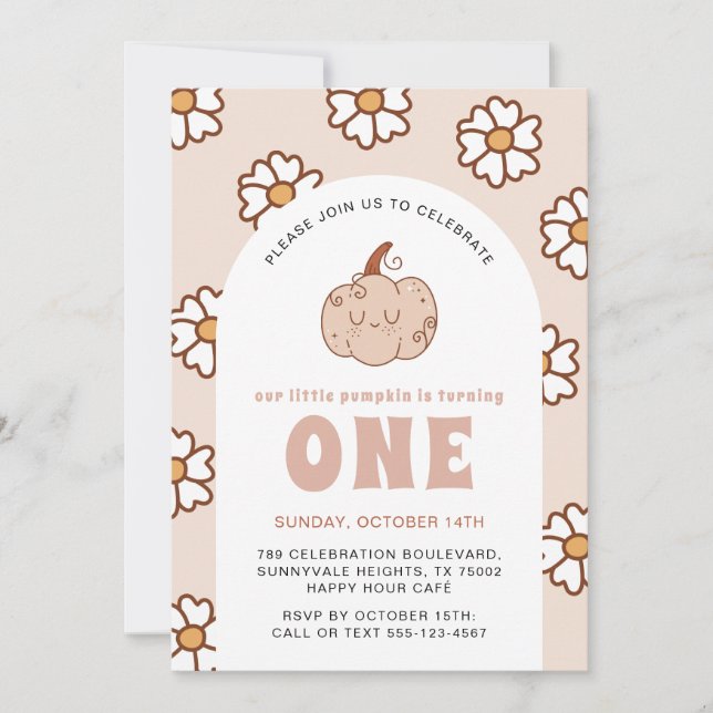 Invitation Citrouille super Daisies Retro Boho Premier annive (Devant)