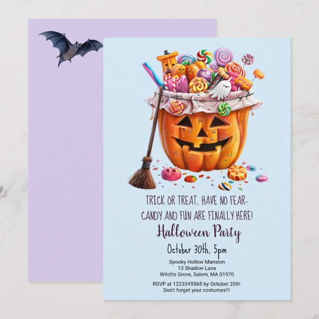 Invitation Citrouille Sweets sorcière Broom Halloween fête (Devant / Derrière)