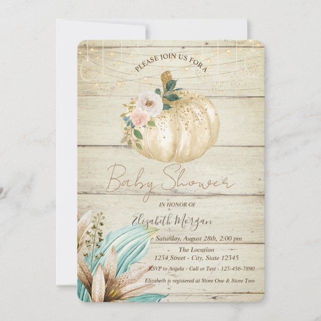 Invitation Citrouille, Texture bois, Baby shower de fleurs de (Devant)
