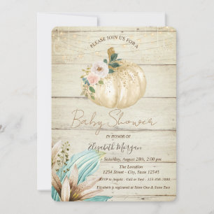Invitation Citrouille, Texture de Bois, Fleurs Bohèmes Baby S