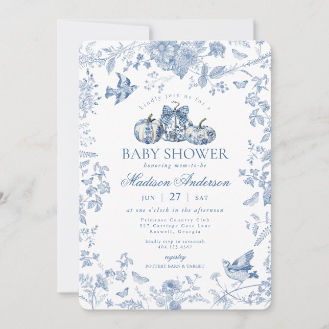 Invitation Citrouille Toile Bleu Chute Français Baby shower F (Devant)