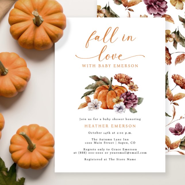 Invitation Citrouille tombe dans le Baby shower d'amour (Pumpkin Fall In Love Baby Shower Invitation Watercolor Floral Autumn Fall)