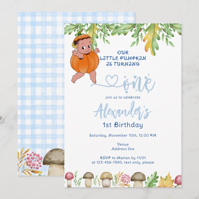 Invitation Citrouille Tourner un champignon Plaid 1er anniver (Devant / Derrière)