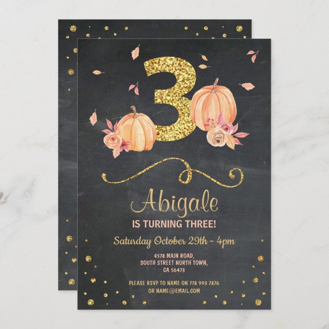 Invitation Citrouille TROIS Anniversaire 3e Chalk Gold Invita (Devant / Derrière)