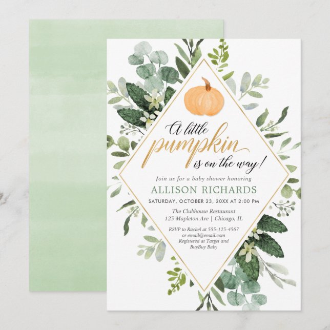 Invitation Citrouille vert eucalyptus tomber neutre genre (Devant / Derrière)