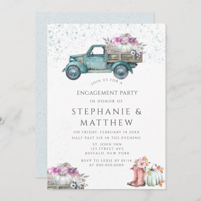 Invitation Citrouille vintage de camion et groupe d'engagemen (Devant / Derrière)