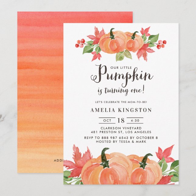Invitation Citrouilles aquarelle | Premier anniversaire d'aut (Devant / Derrière)
