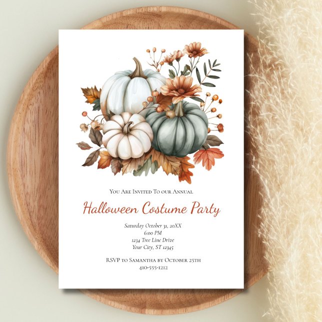 Invitation Citrouilles Automne Fleurs Fête d'Halloween (Pastel Green White Pumpkins Fall Autumn Leaves Flowers Halloween Party invitation. Printed Digital)