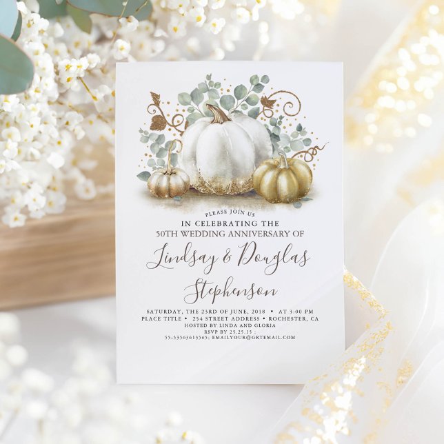 Invitation Citrouilles blanches et dorées pour l'anniversaire (Greenery and Gold Pumpkins Fall Wedding Anniversary Invitations)