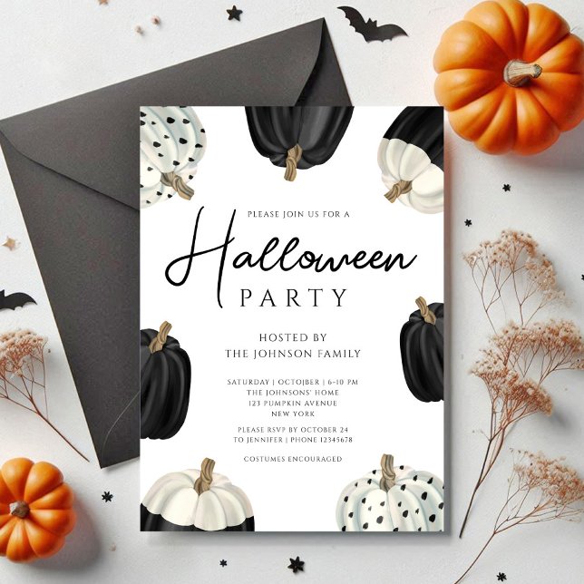 Invitation Citrouilles blanches et noires mignonnes Halloween (Cute Black And White Pumpkins Halloween Invitation)