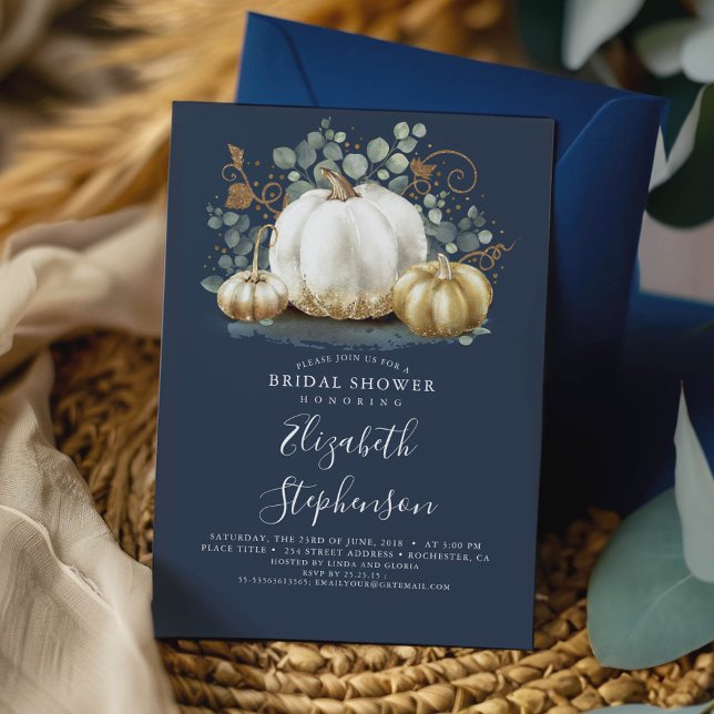 Invitation Citrouilles blancs et or automne Fête des mariées  (Pumpkins Navy Blue Fall Bridal Shower Invitation)