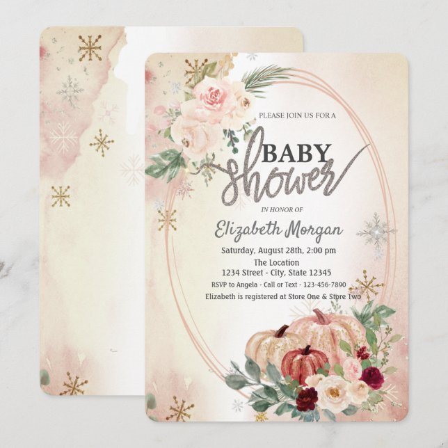 Invitation Citrouilles Bohème Roses Baby Shower (Devant / Derrière)