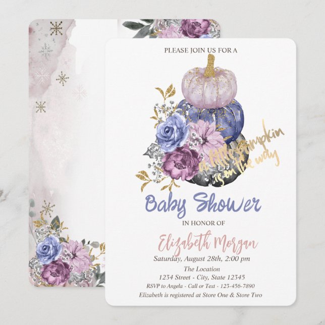 Invitation Citrouilles Chic, Fleurs Baby Shower (Devant / Derrière)