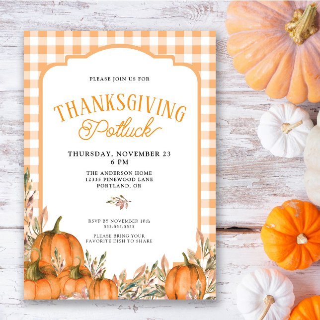 Invitation Citrouilles d'automne à carreaux Potluck de Thanks (Créateur téléchargé)