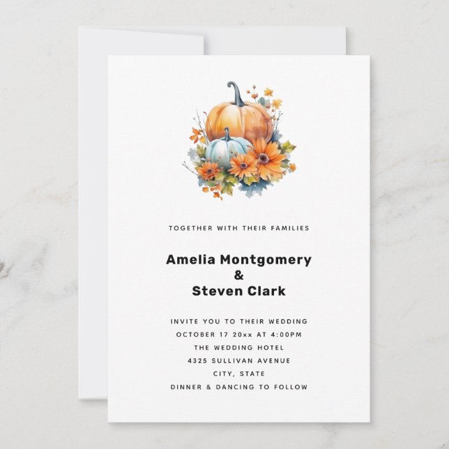 Invitation Citrouilles d'automne avec Fleurs et Mariage de fe (Devant)