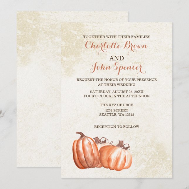 Invitation citrouilles de l'aquarelle automne mariage (Devant / Derrière)