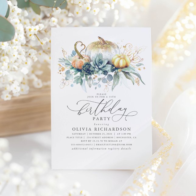 Invitation Citrouilles d'or Succulents Verdure automne Annive (Pumpkins and Greenery Birthday Invitation)