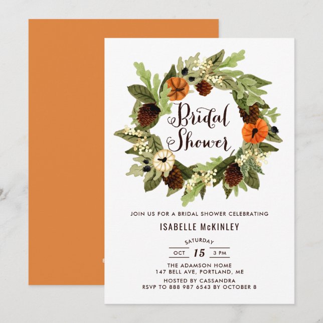 Invitation Citrouilles et Pinecones Wreath Fall Fête des mari (Devant / Derrière)