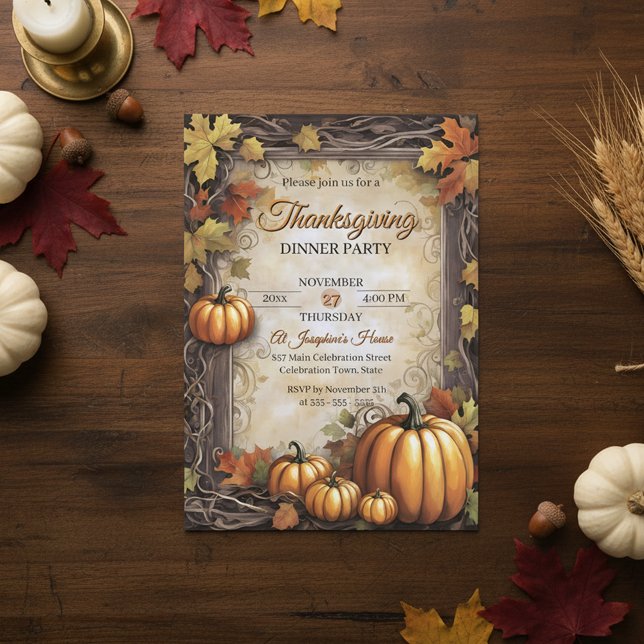 Invitation Citrouilles feuille Vintage Thanksgiving (Créateur téléchargé)