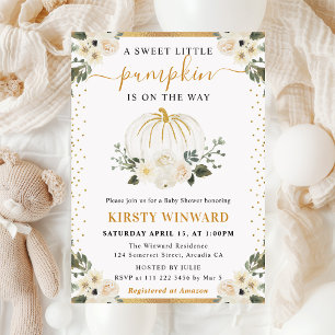 Invitation Citrouilles Fleuries Blanches et Dorées Shower de 