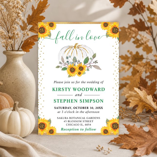 Invitation Citrouilles Fleuries Vert et Or Mariage d'Automne (Créateur téléchargé)
