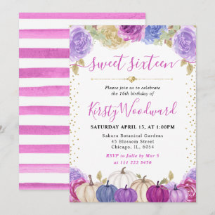 Invitation Citrouilles fleuries violettes et bleues automne d