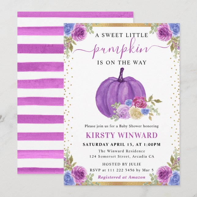 Invitation Citrouilles Fleuries Violettes et Bleues Shower de (Devant / Derrière)