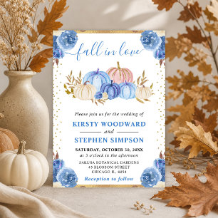Invitation Citrouilles Fleuris Bleu et Or Mariage d'Automne