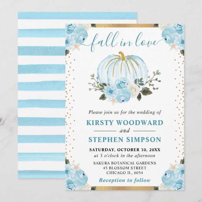 Invitation Citrouilles Fleuris Bleu Pastel et Blanc Mariage d (Devant / Derrière)