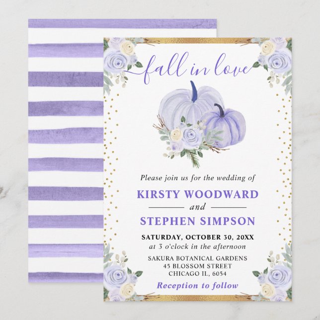 Invitation Citrouilles Fleuris Pastel Violet Mariage d'Automn (Devant / Derrière)