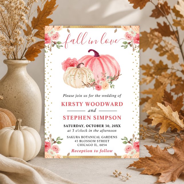 Invitation Citrouilles Fleuris Rose et Blanc Mariage d'Automn (Créateur téléchargé)