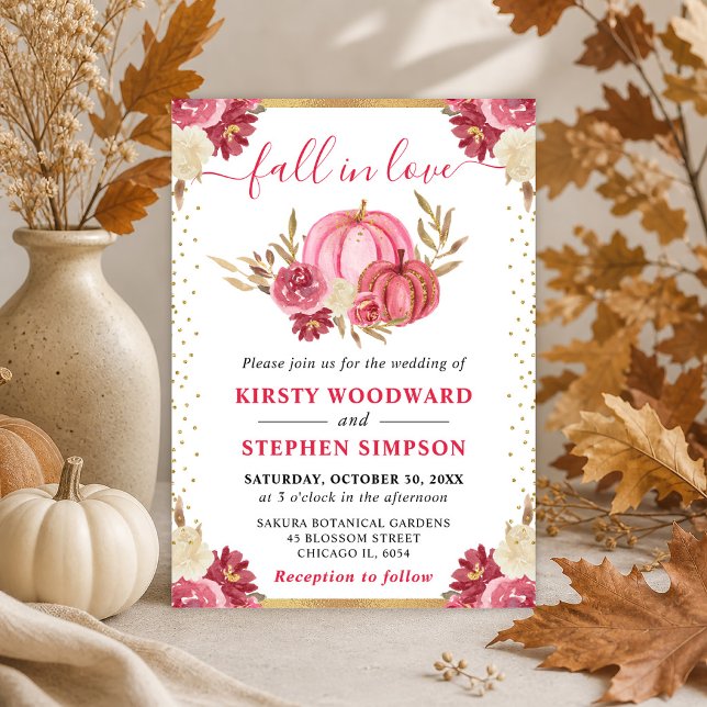 Invitation Citrouilles Fleuris Rose et Or Mariage d'Automne (Créateur téléchargé)